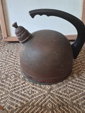 Vintage Rustic Copper Whistling Tea Kettle with Black Handle